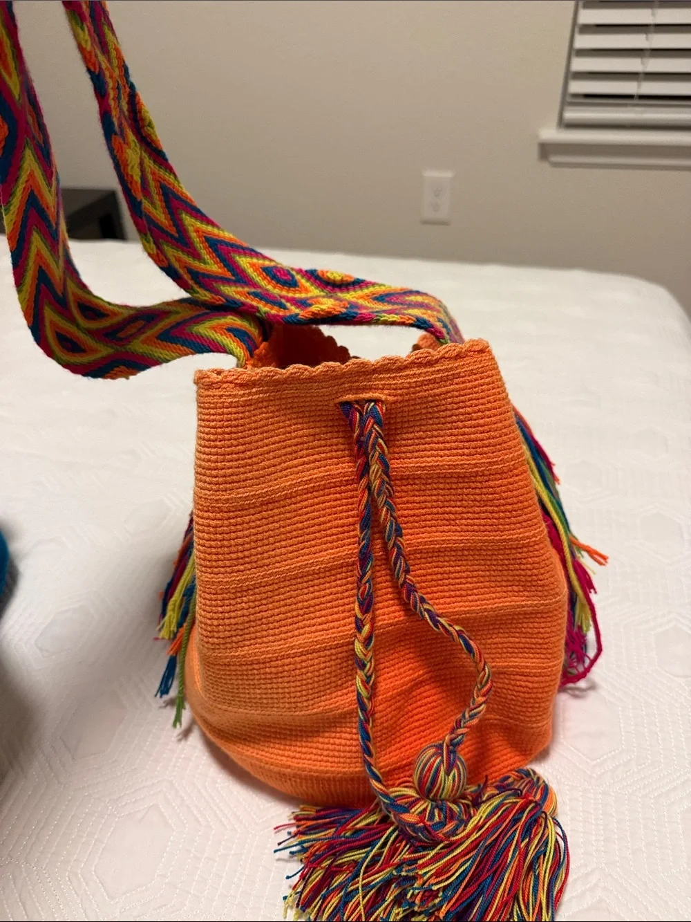 Handmade Wayuu Mochila  Orange Bucket Bag with Multicolor Strap